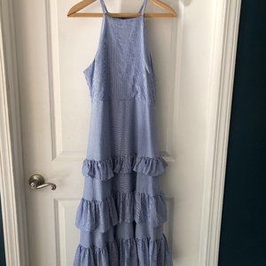 Blue and White Striped Ruffle Midi Dress